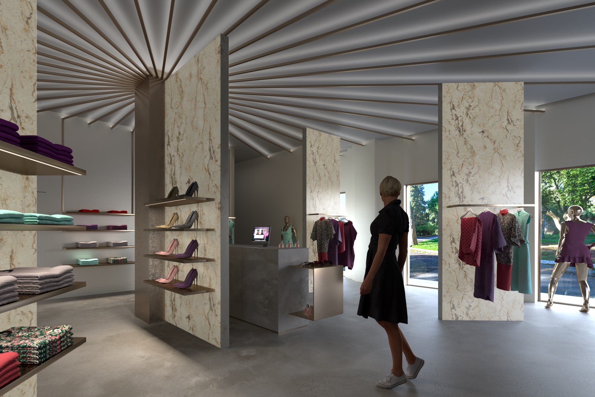Render di un negozio con soffitto a raggiera e pilastri in marmo, progetto di uno studente del corso di interior design del NID