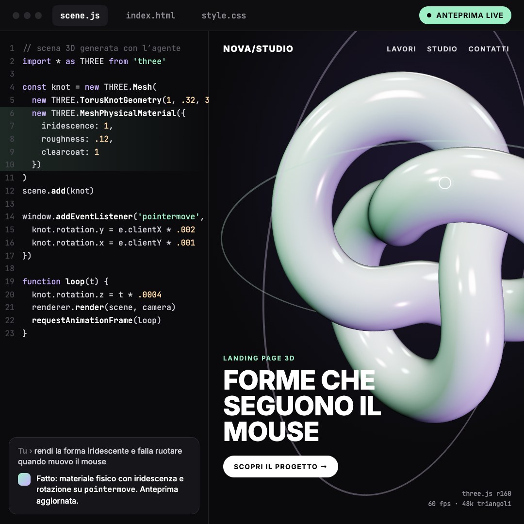 Interfaccia di esempio: editor di codice three.js con anteprima live di una landing page 3D