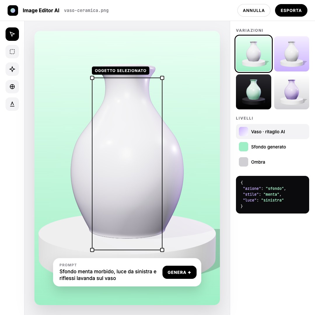 Interfaccia di esempio: image editor con AI, prompt e variazioni di un vaso 3D