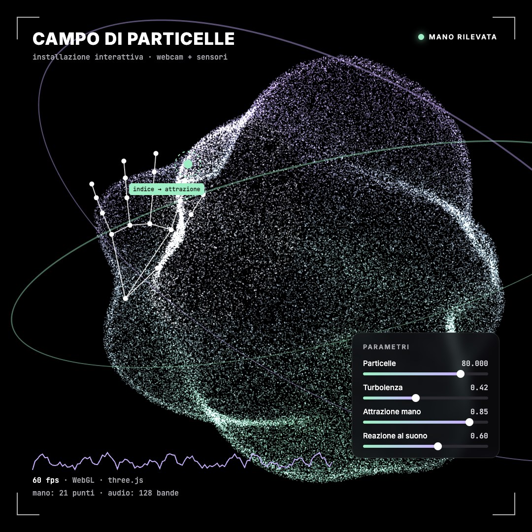 Interfaccia di esempio: installazione interattiva a particelle 3D controllata dalla mano via webcam
