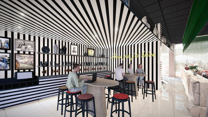 Bar de l’hôtel YSOTOP à Grenoble, avec tireuse à bière en libre-service pour un moment de détente convivial entre collègues ou amis.