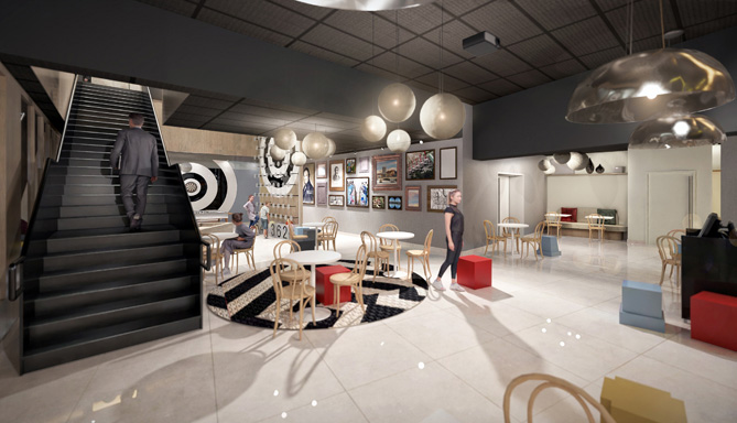 Atrium central de l’hôtel YSOTOP à Grenoble, espace lumineux et modulable dédié au travail, à la détente et à la convivialité.