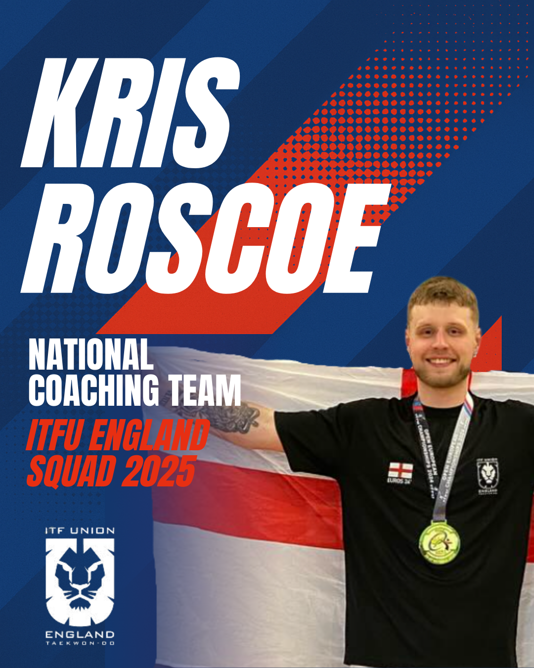 Promotional graphic introducing Kris Roscoe as part of the ITFU England National Coaching Team for Squad 2025, featuring him smiling and holding an England flag with a gold medal around his neck. ITFU England branding in the background.