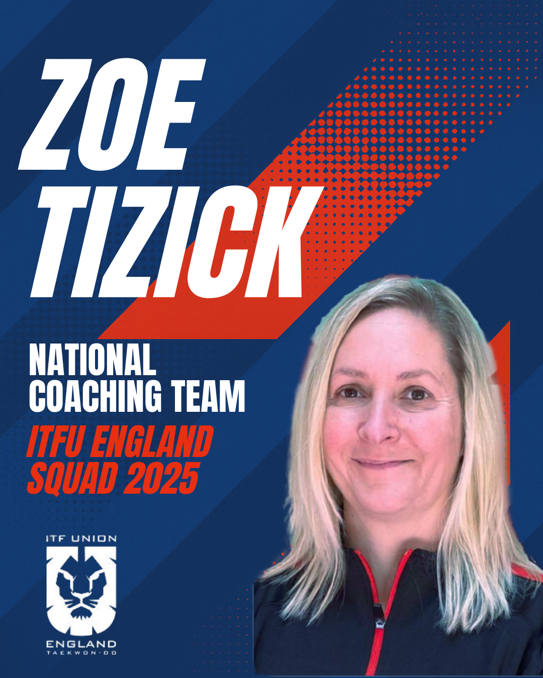 Promotional graphic introducing Zoe Tizick as a member of the National Coaching Team for the ITFU England Squad 2025, featuring a photo of her in a black ITFU England Tracksuit, alongside bold text and the ITFU England logo.