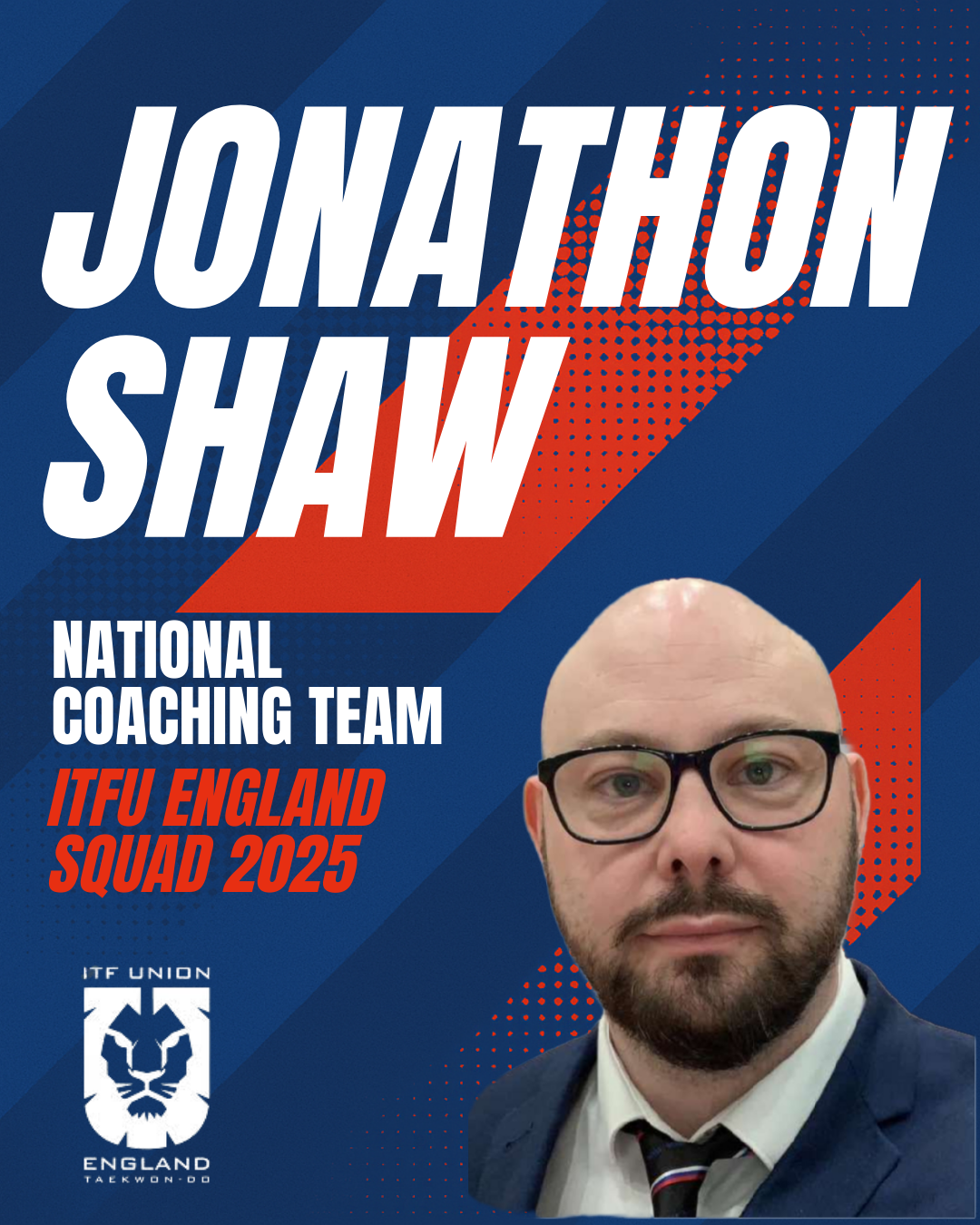 Promotional graphic introducing Jonathon Shaw as a member of the National Coaching Team for the ITFU England Squad 2025, featuring a photo of him in a blue umpire's suit, alongside bold text and the ITFU England logo.