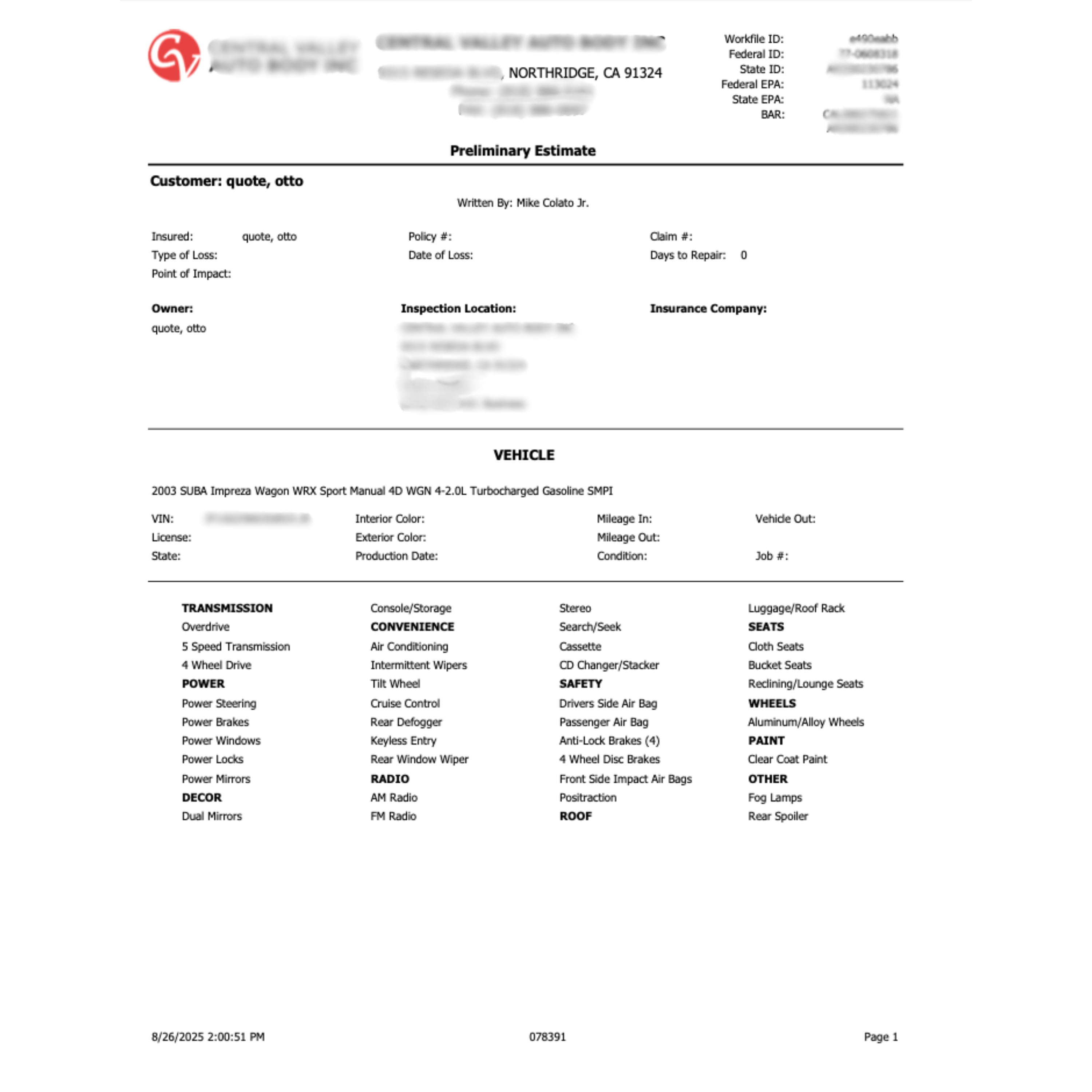 Sample body shop estimate 3