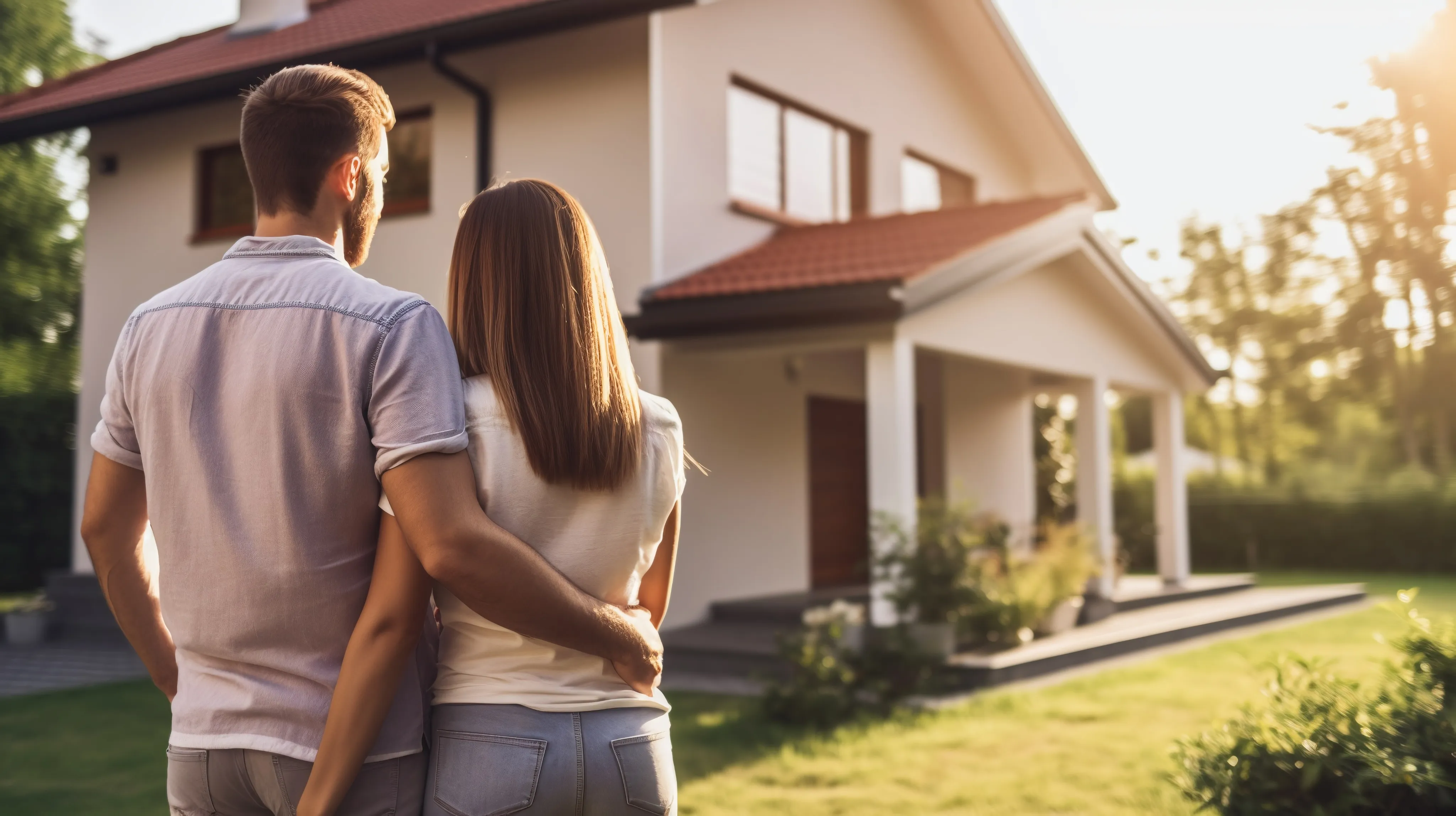 A couple stands arm in arm, facing their new house in the golden afternoon light, symbolizing the peace of mind and stability provided by a South Florida independent insurance agency when insuring your most valuable asset.
