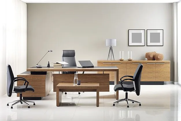 Modern office with wooden furniture, two chairs, and insured business property decor.