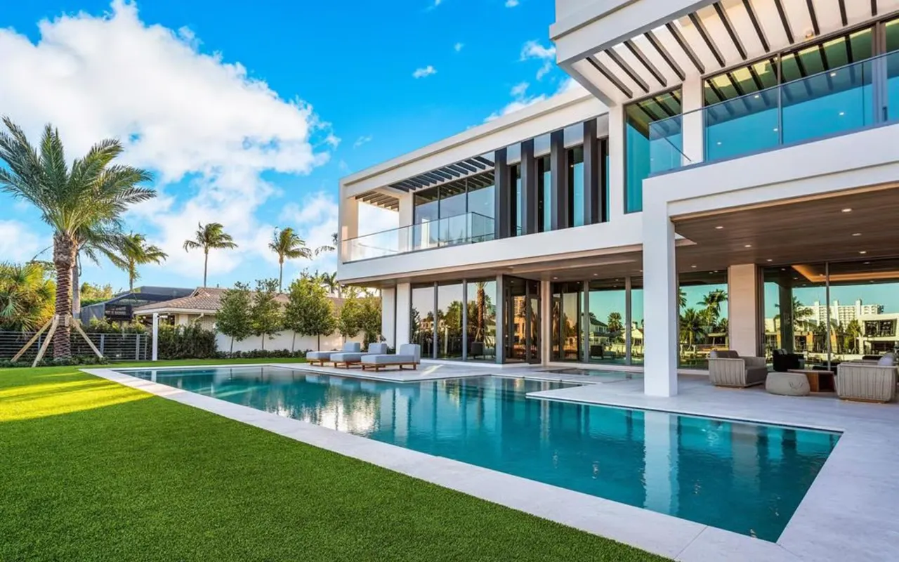 Modern luxury home in Fort Lauderdale, Florida with a pool, palm trees, and spacious outdoor seating for homeowners.