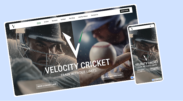 Website header for Velocity Cricket showing a batsman in helmet ready to hit a ball with the text 'Train Without Limits' on desktop and mobile views.