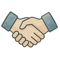 Illustration of two hands shaking in a handshake wearing blue shirt cuffs.