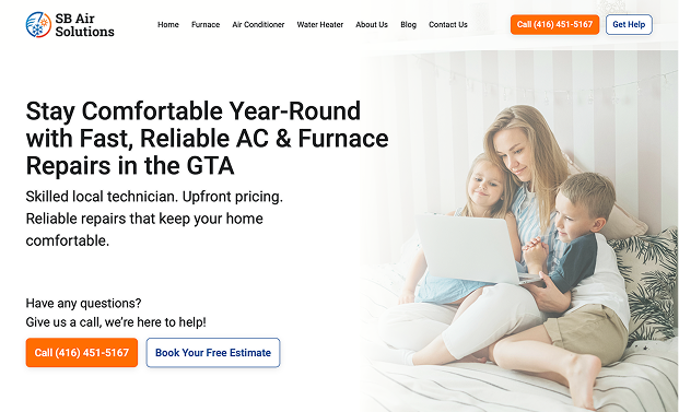 A picture of the website made for SB Air Solutions by Lucid Design Lab.