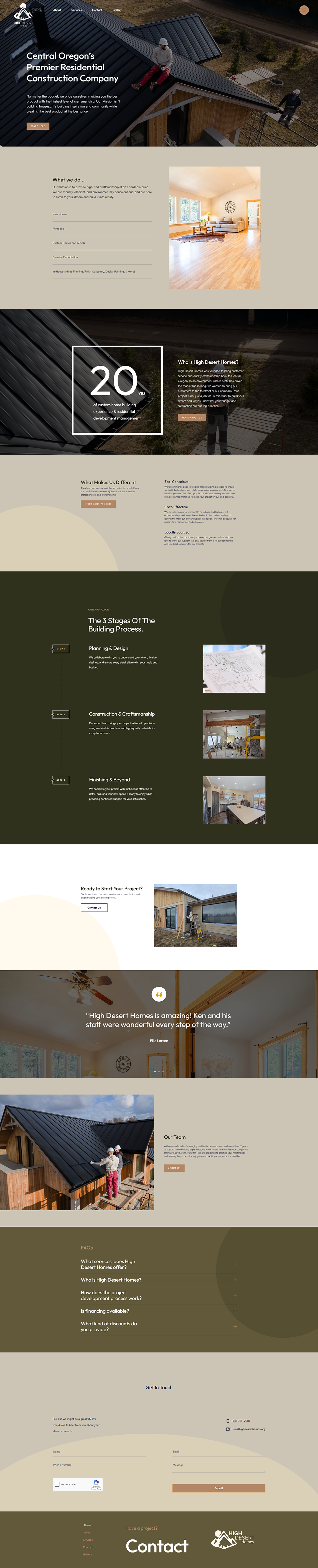 Website homepage for High Desert Homes featuring construction workers on a black metal roof, interior room with hardwood floors, building process stages, team photo, and contact form.