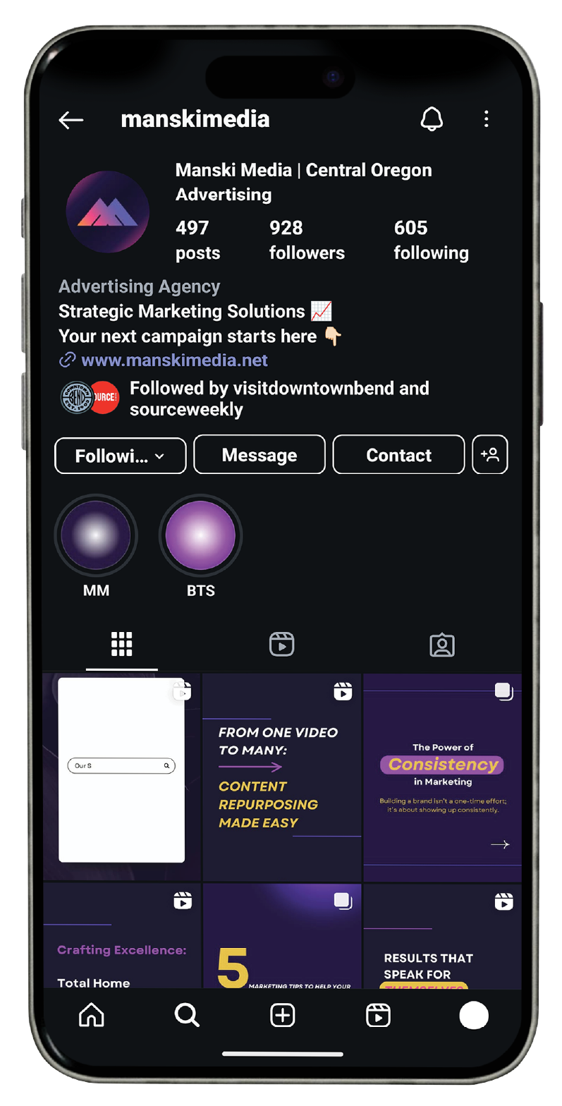 Instagram profile of manskimedia, a Central Oregon advertising agency offering strategic marketing solutions with 928 followers and posts about content repurposing and marketing consistency.