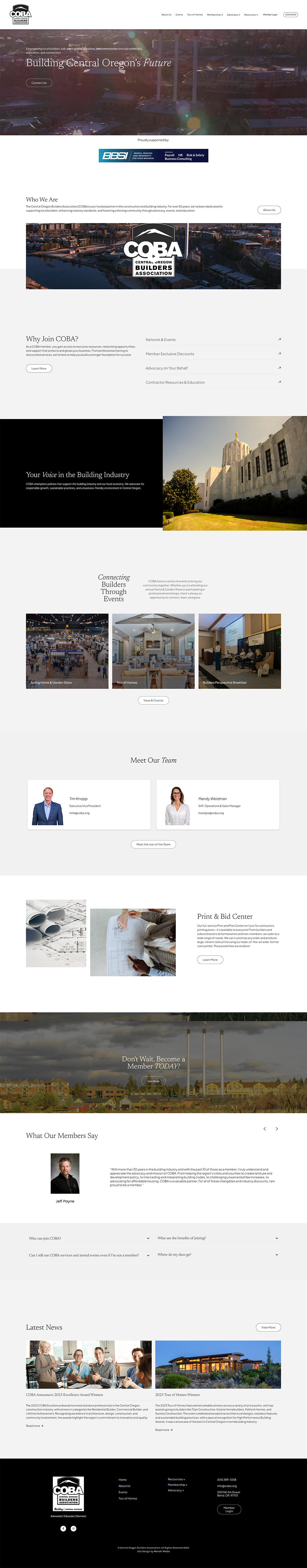 Central Oregon Builders Association homepage showing aerial cityscape, COBA logo, membership benefits, team photos, event images, and contact information.