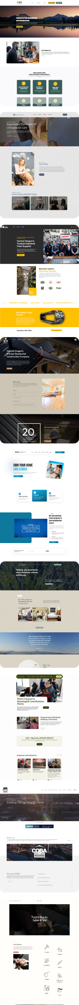 Vertical collage showing various website homepage sections including nature landscapes, business meetings, chiropractic care, retail displays, roofing services, real estate offers, community services, and Native American themed content.