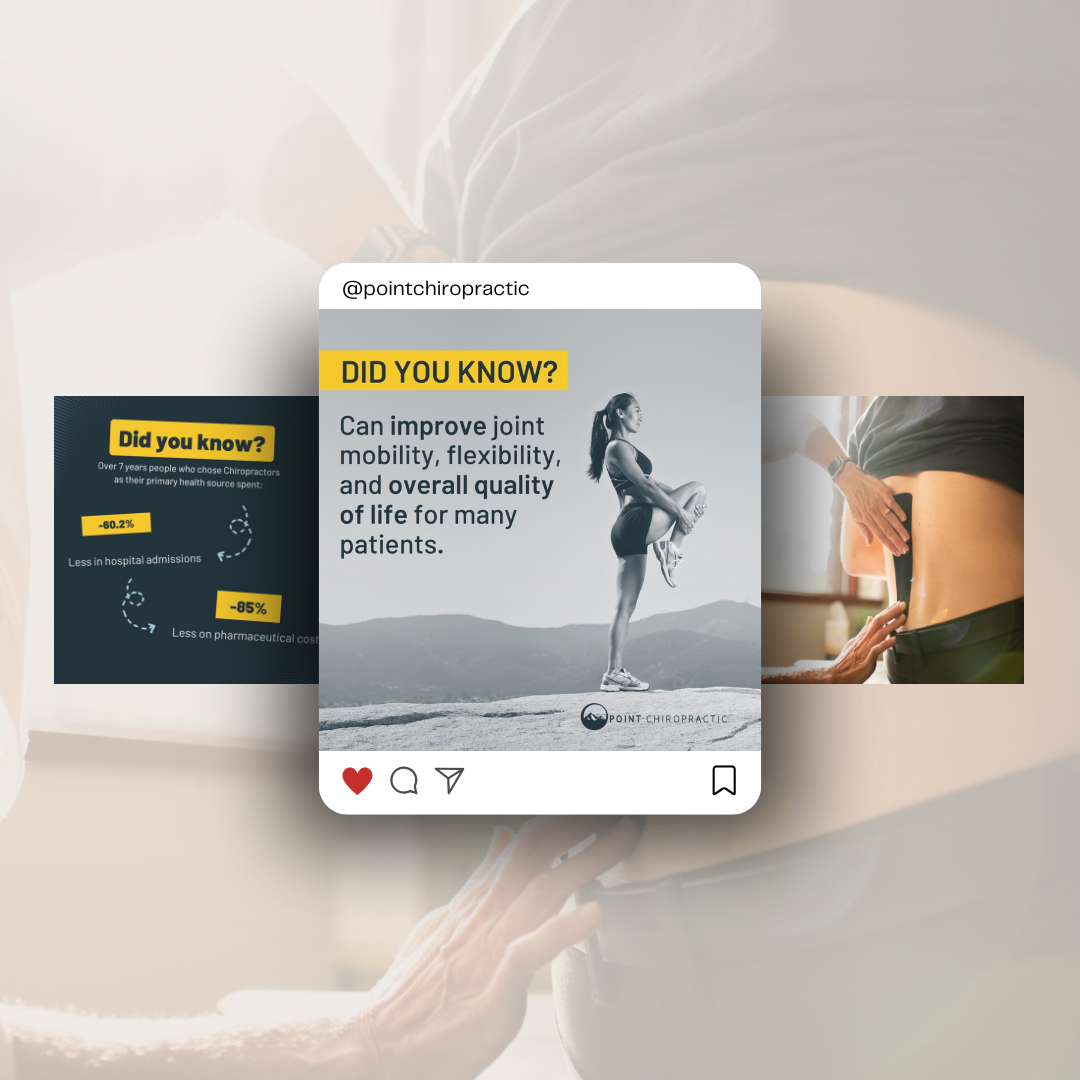 Instagram post from @pointchiropractic with text highlighting that chiropractic care can improve joint mobility, flexibility, and overall quality of life, showing a woman stretching her leg on a mountain background.