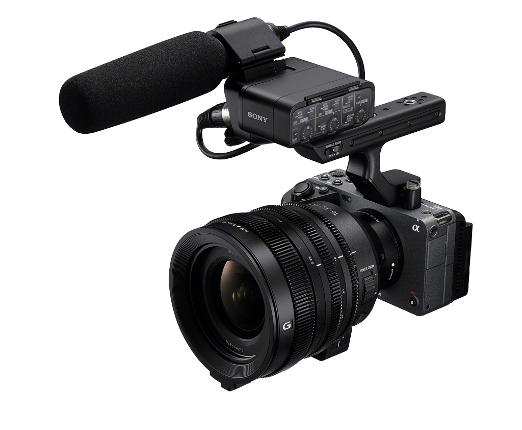 Sony professional video camera with a large zoom lens and mounted shotgun microphone.