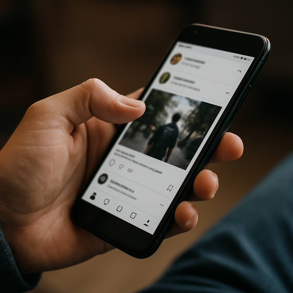 Person browsing a social media app on a smartphone showing a post with a blurred photo of a person walking outdoors.
