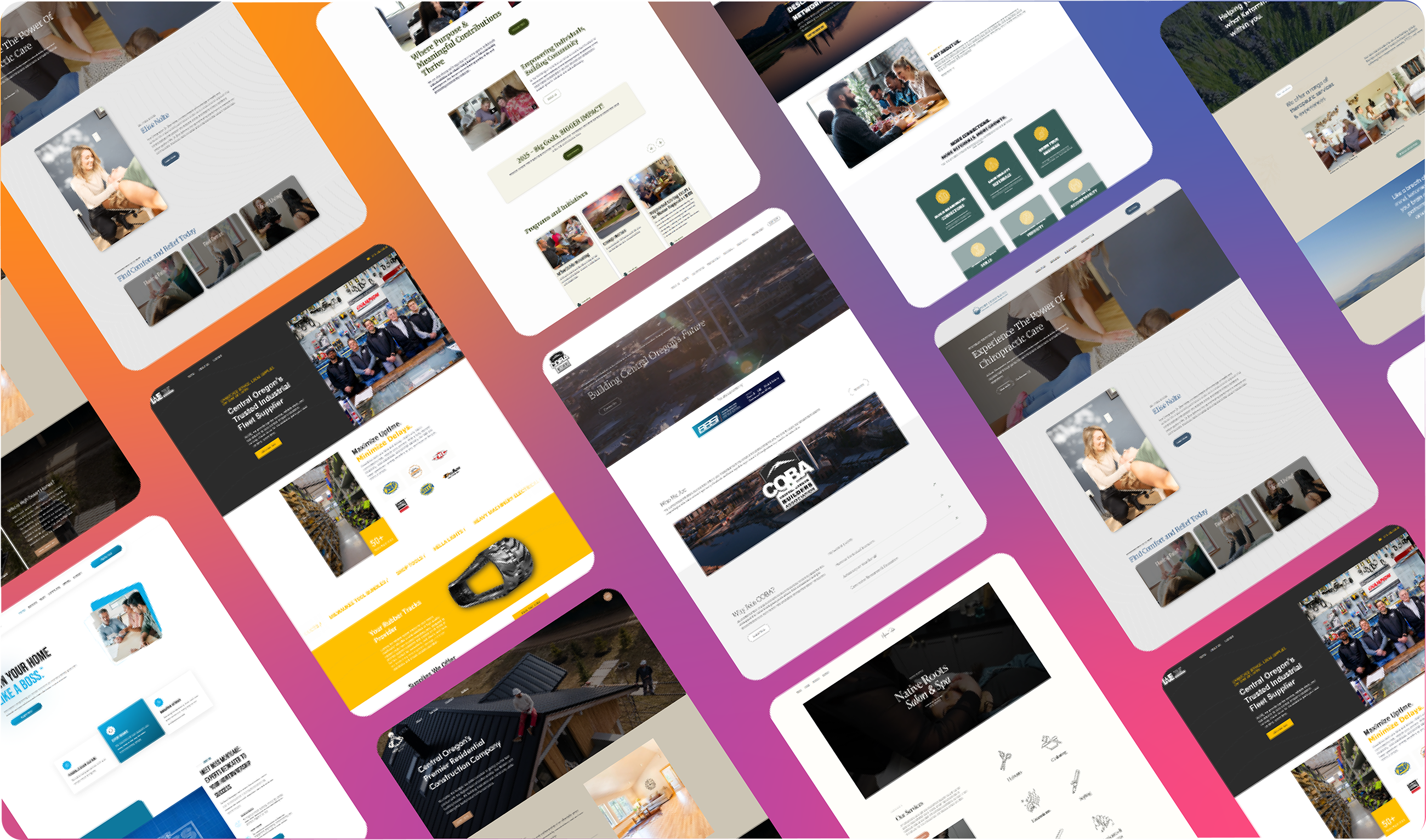 Diagonal array of website homepage screenshots with varied designs including business, construction, healthcare, and wellness themes on a gradient background.