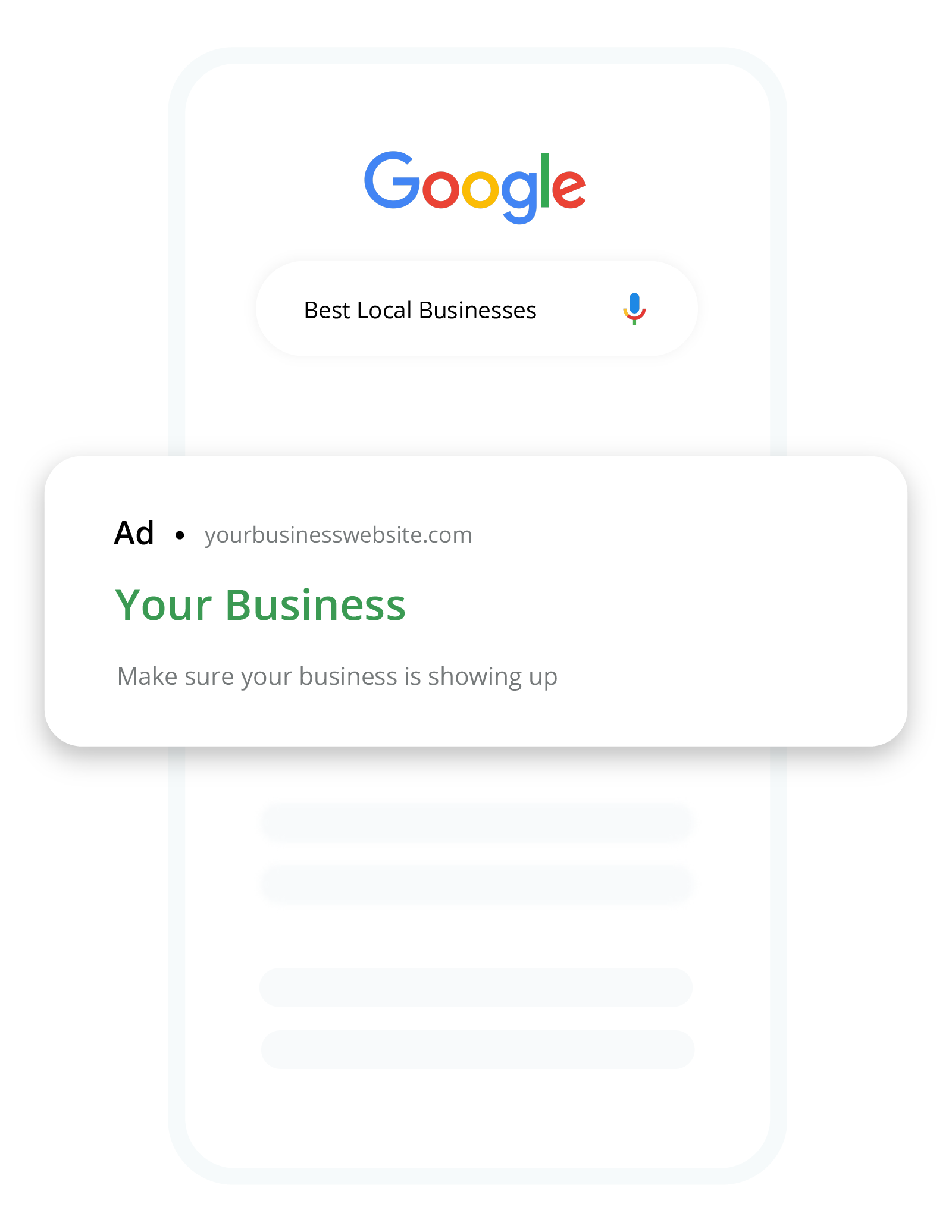 Google search interface with query 'Best Local Businesses' and an ad for 'Your Business' website urging to make sure the business is showing up.