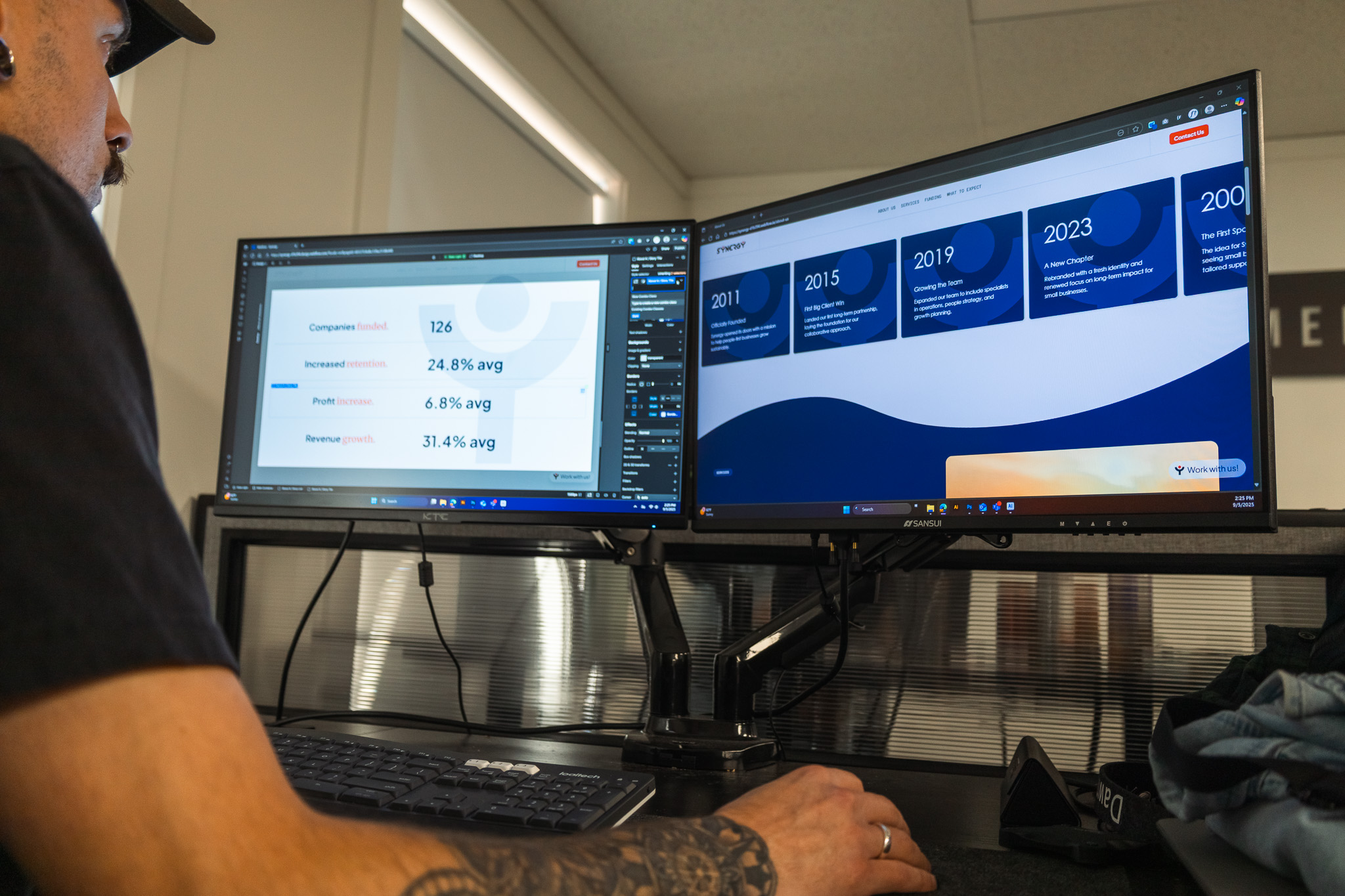 Person with tattooed arm using dual computer monitors displaying business statistics and company timeline.