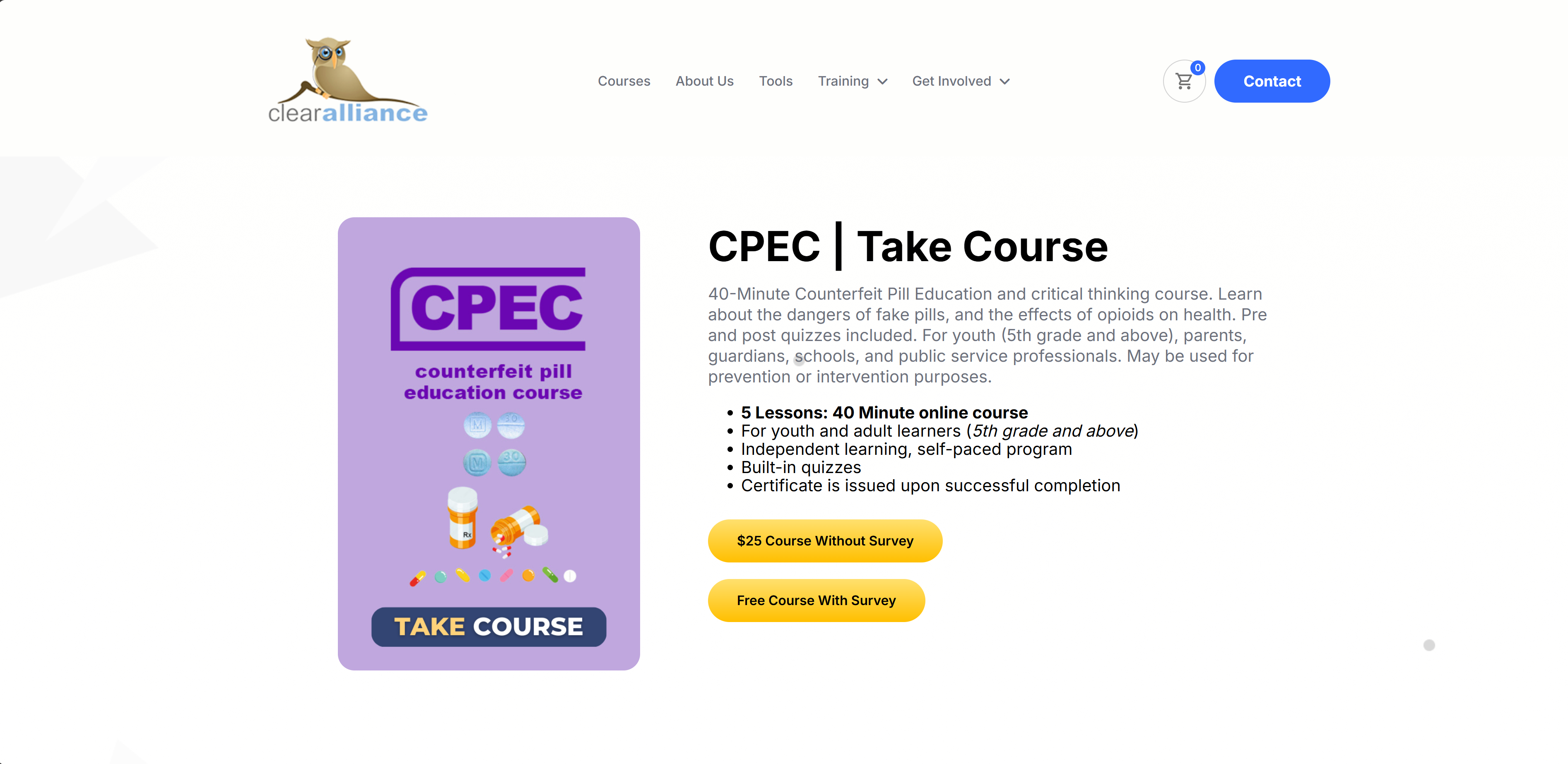 Clear Alliance webpage promoting the CPEC counterfeit pill education course with course details and two yellow call-to-action buttons for paid and free course options.