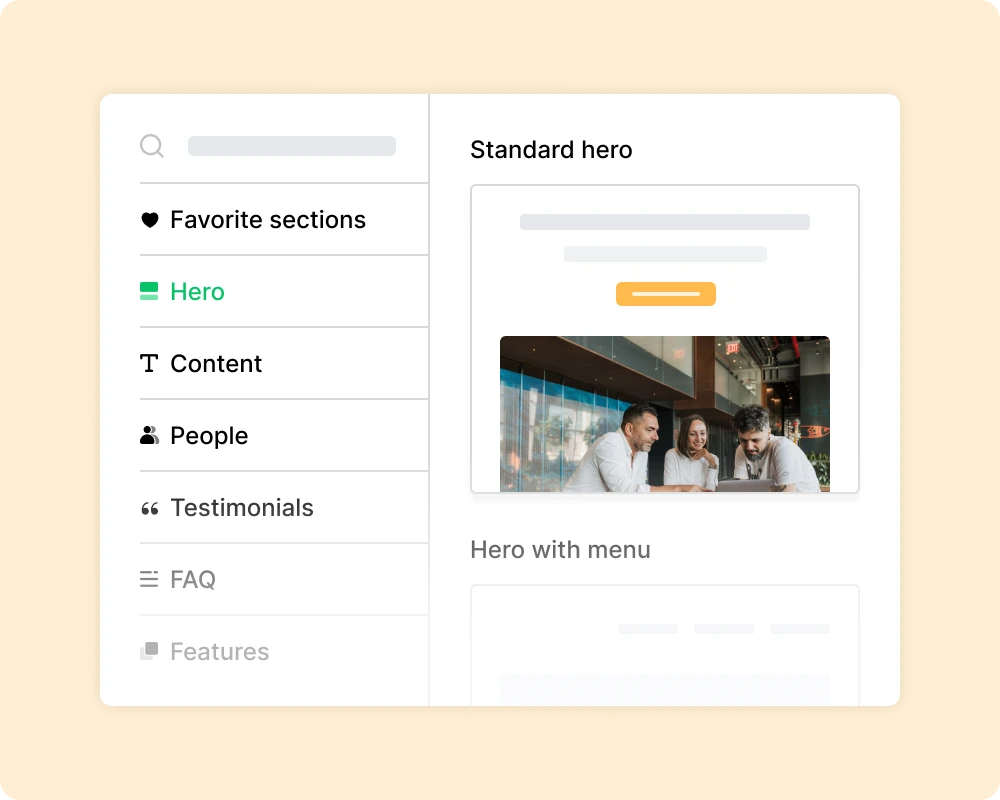 User interface showing a sidebar menu with sections like Favorite sections, Hero, Content, People, Testimonials, and a preview of the standard hero section featuring a photo of three people working together.