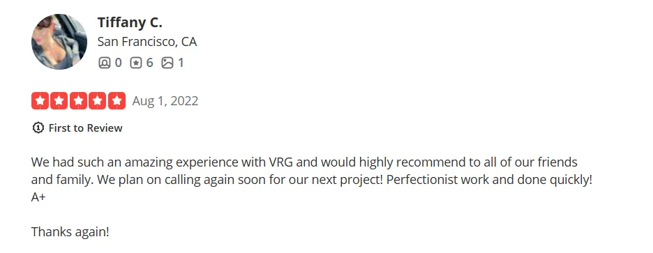 5 Star customer review from Yelp.