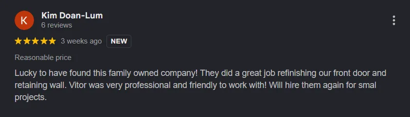 5 Star customer review from Google.