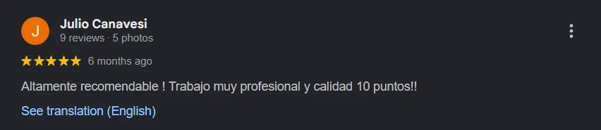 5 Star customer review from Google.