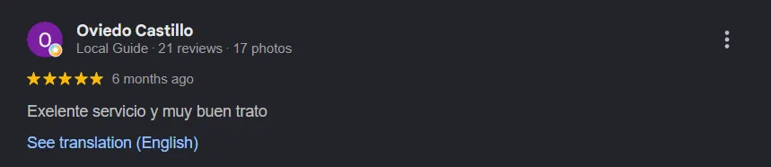 5 Star customer review from Google.