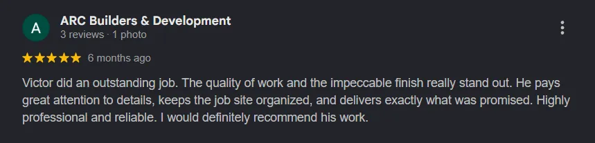 5 Star customer review from Google.