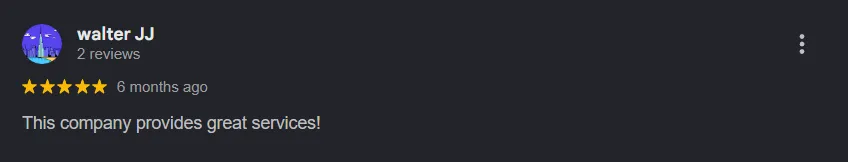 5 Star customer review from Google.