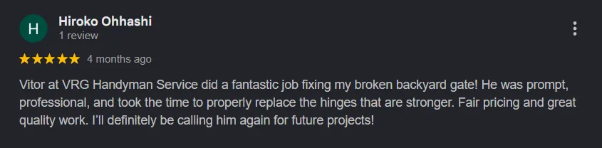 5 Star customer review from Google.