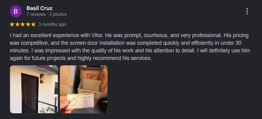 5 Star customer review from Google.
