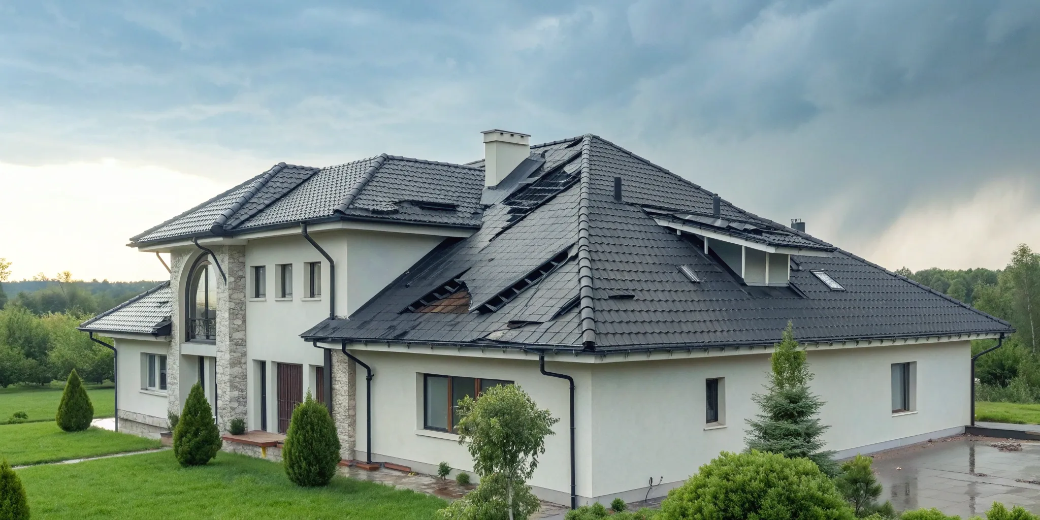 A home's roof with shingles missing from rain, a reason to file a homeowners insurance claim for a leak.