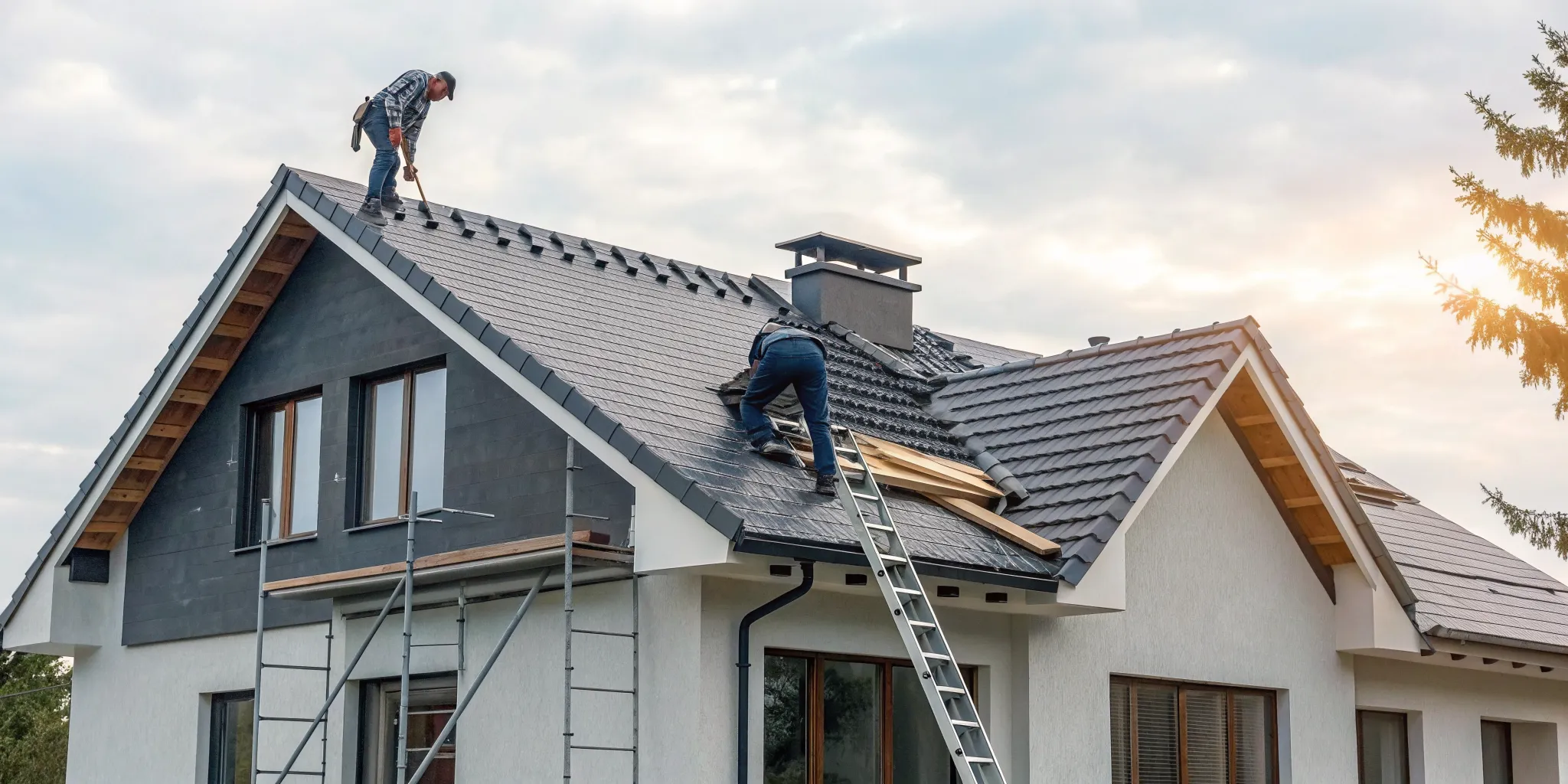 Roofers working on a roof replacement as part of an insurance claim process.