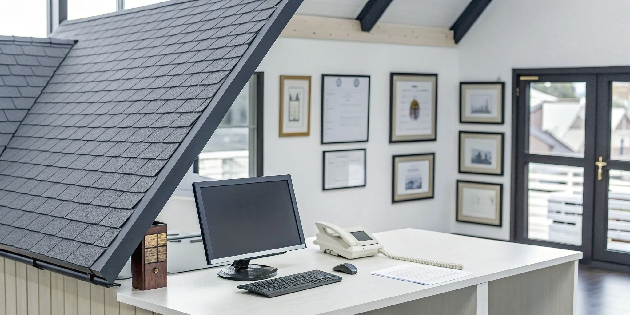 Office of a roofing company that works with insurance, with framed credentials and claim paperwork.