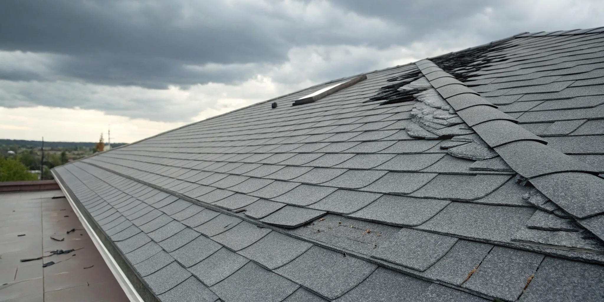 Roof shingles with circular bruises and missing granules caused by hail damage.