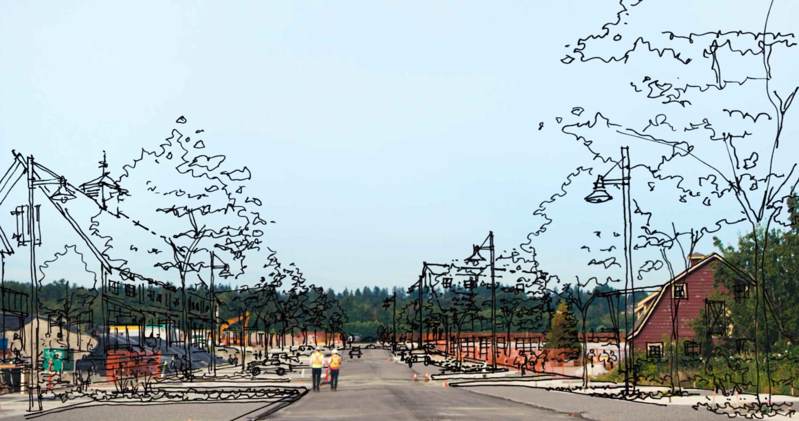 Development street with architectural sketch overlay from a NoraVera real estate video