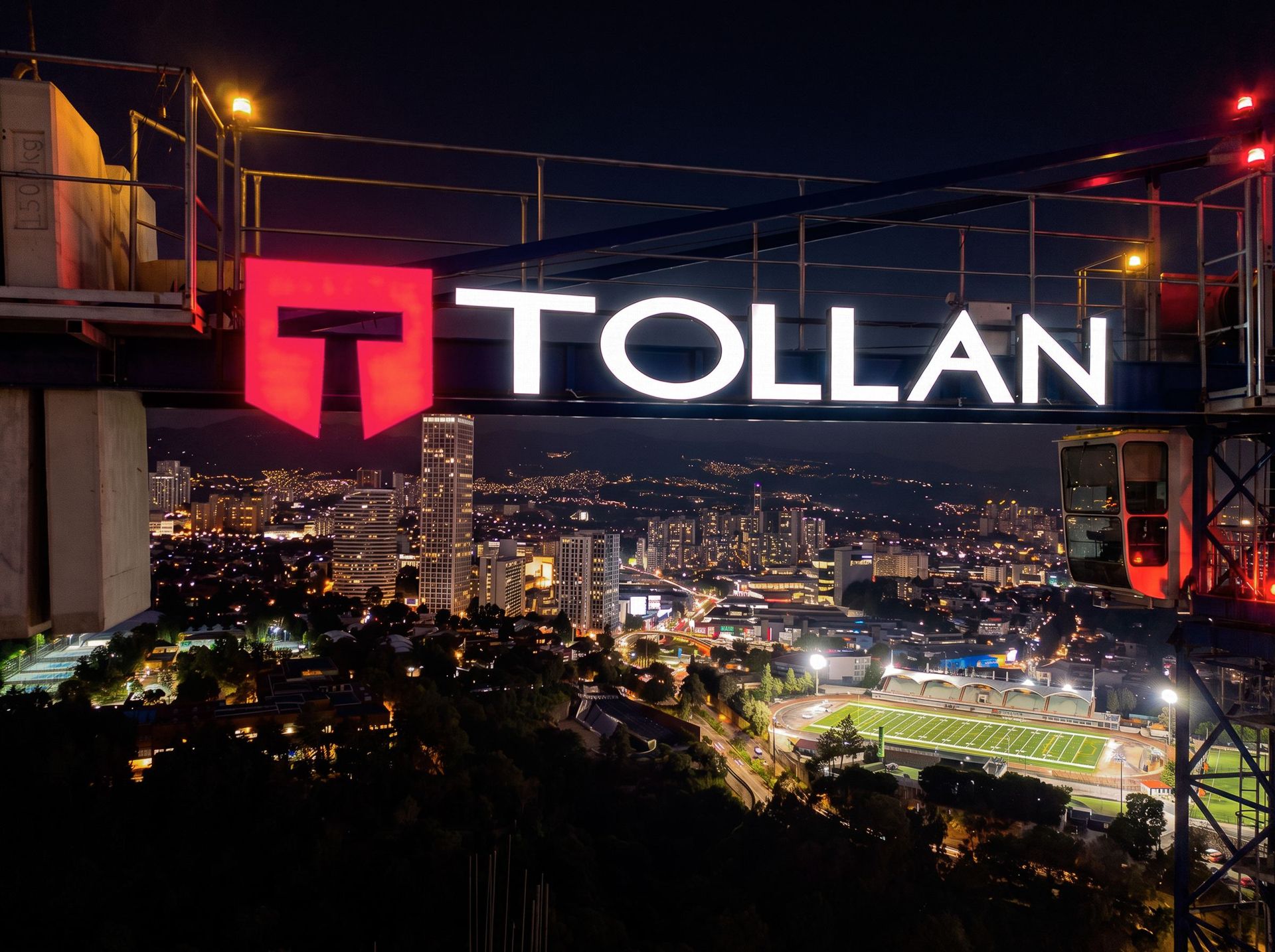 Grúa de Tollan iluminada sobre la ciudad