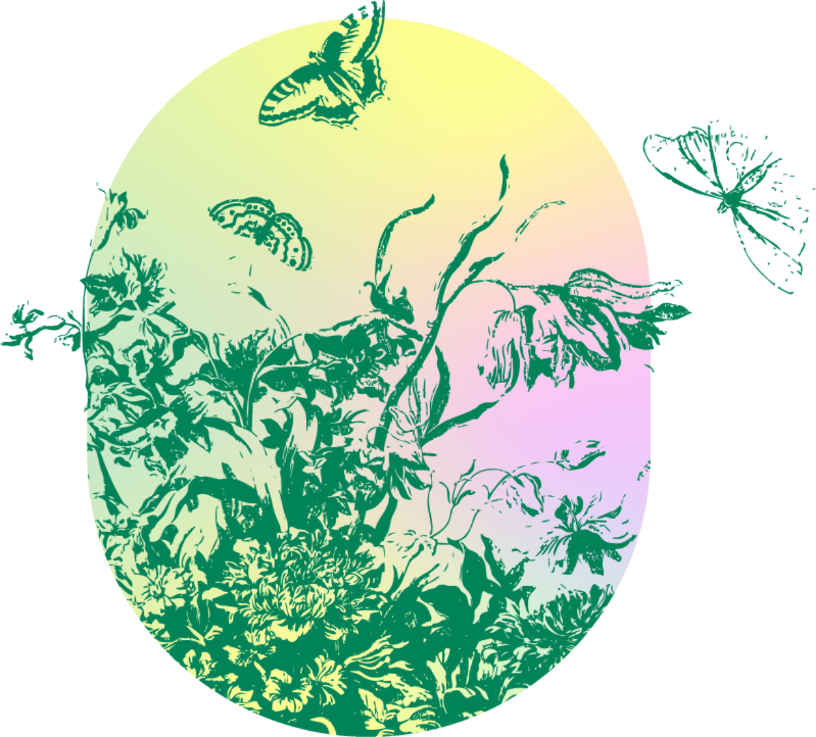 Abstract image of greenery with a pink, yellow, mint background.