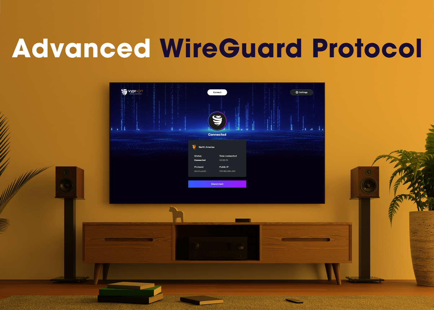 Yellow living room with VyprVPN app on TV screen.