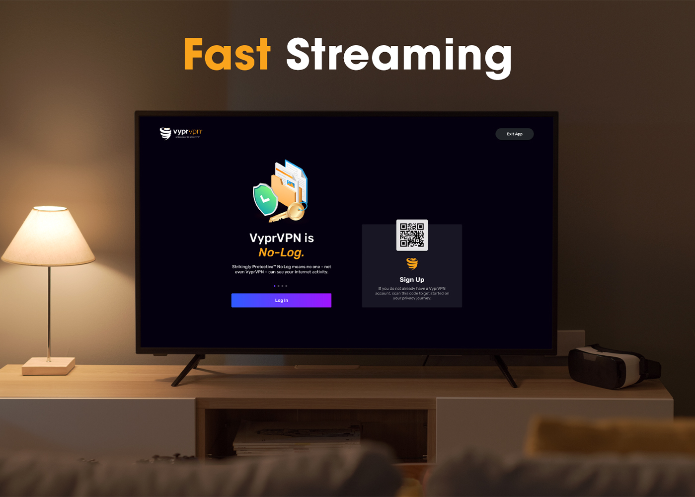 Living room with VyprVPN app on TV screen.