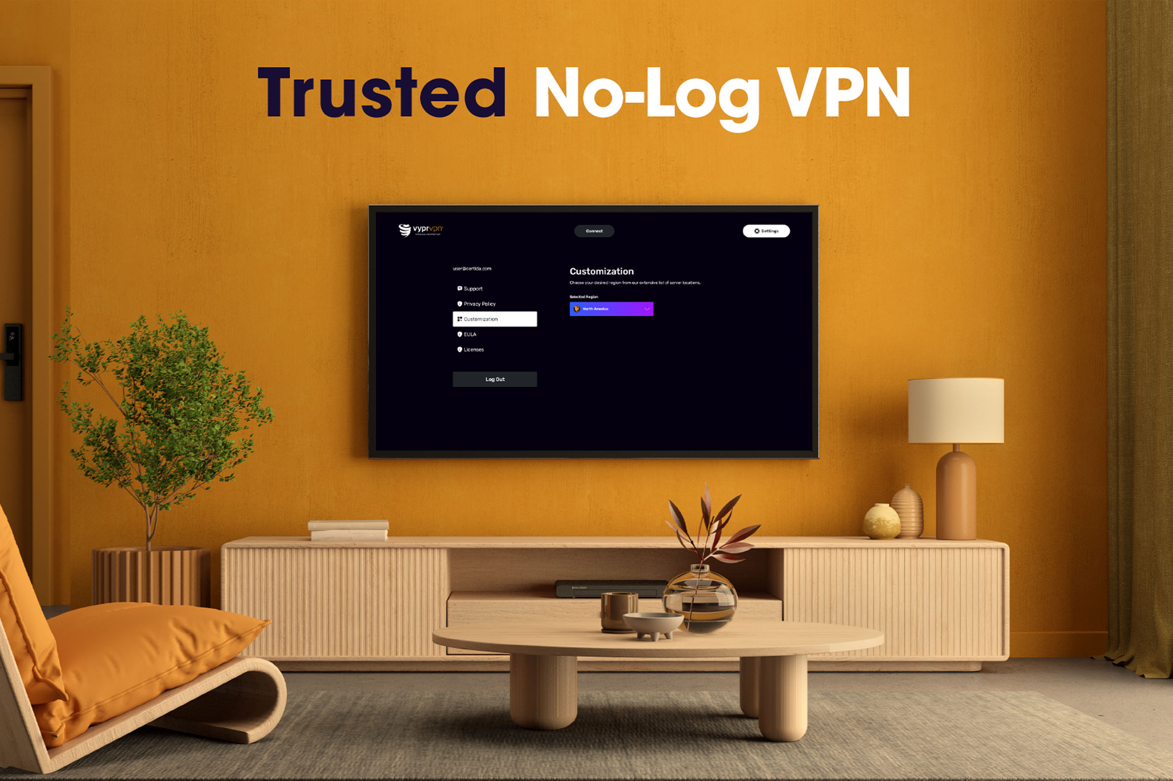 Yellow living room with VyprVPN app on TV screen.