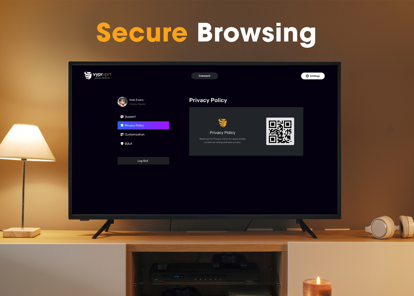 VyprVPN app on TV screen.