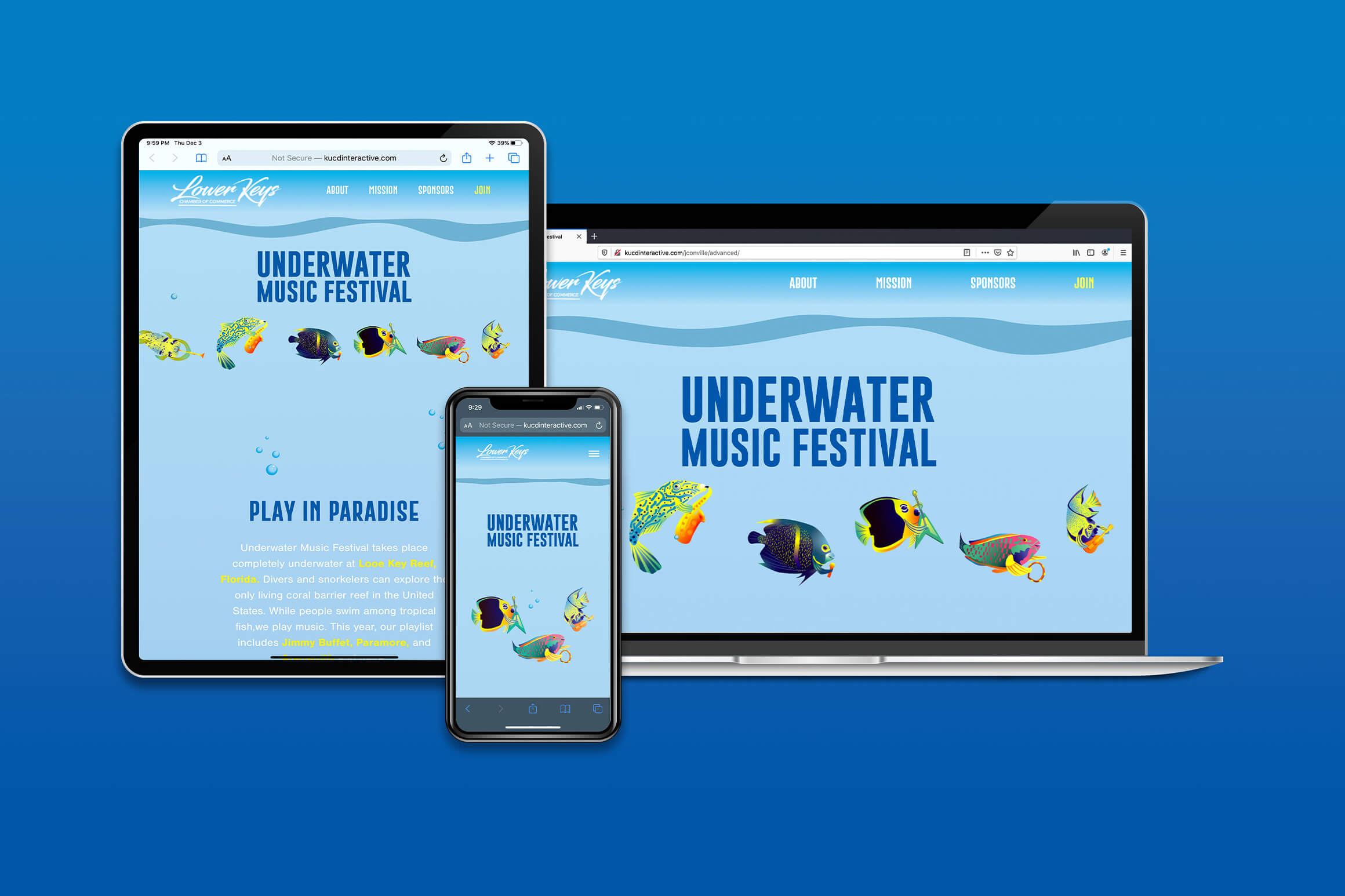 Underwater Music Festival website on iPad, Laptop, and phone.