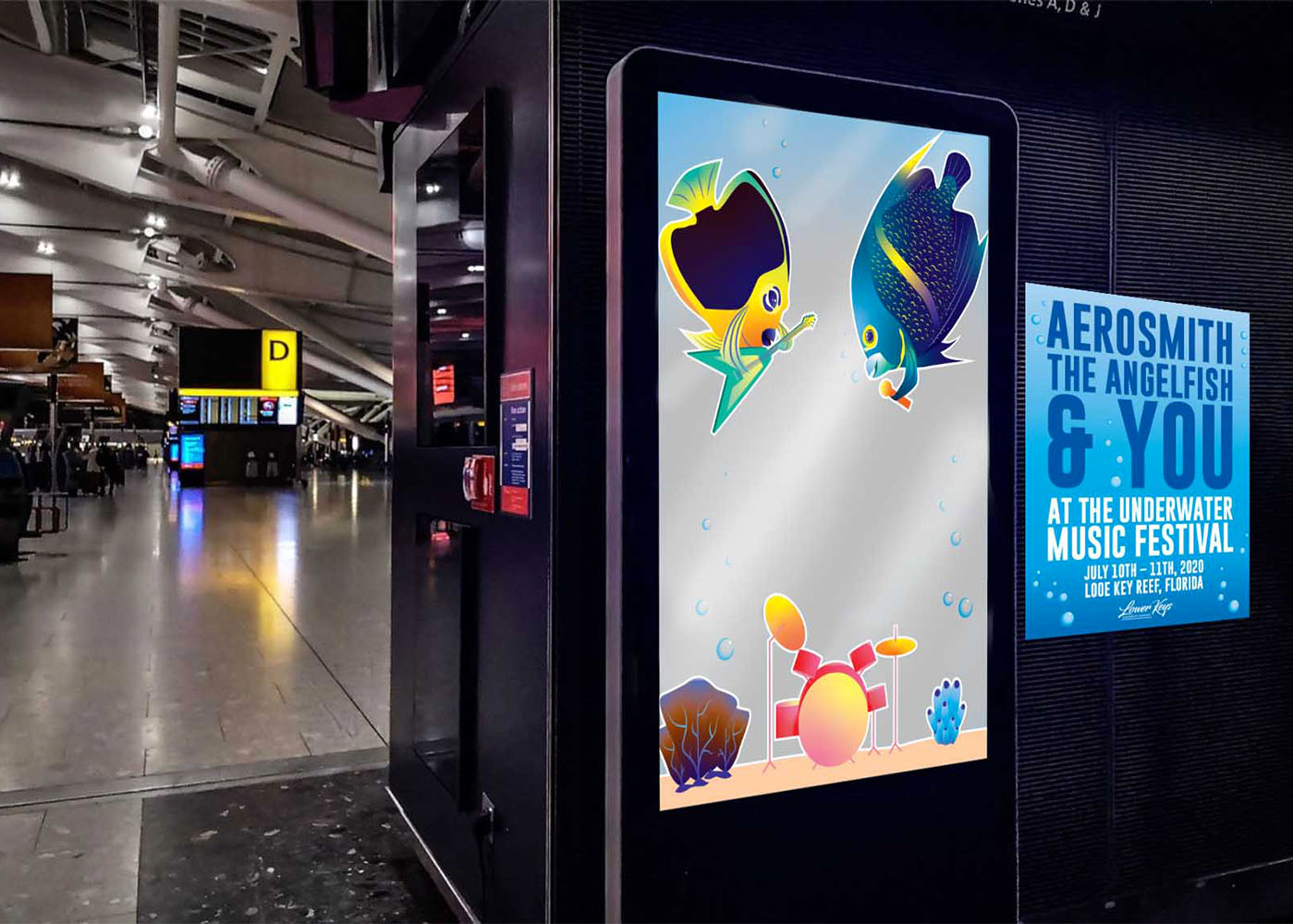 poster with musical fish at an airport.