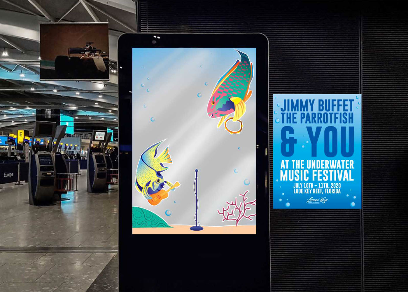 Poster with musical fish at an airport.